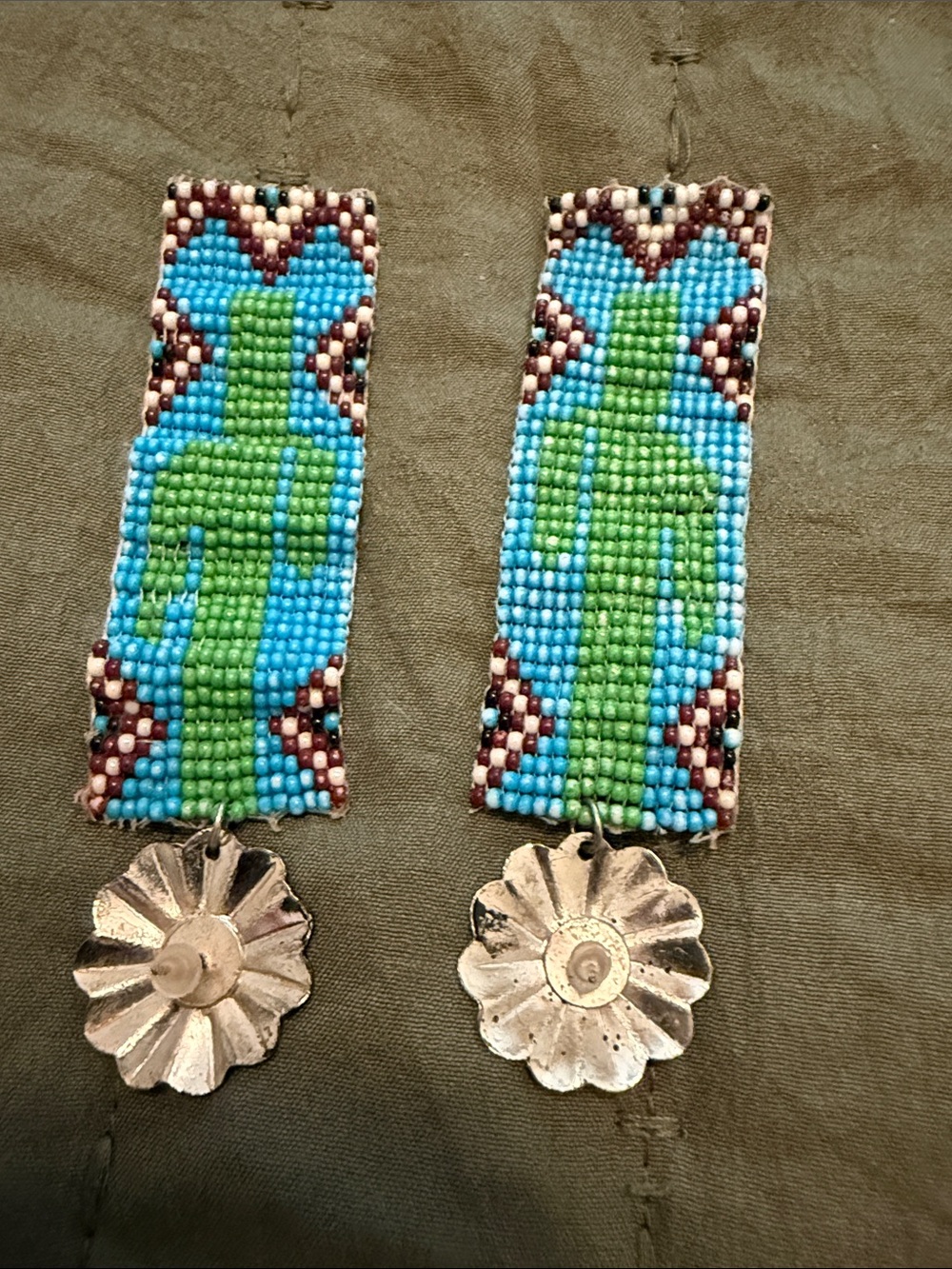 Handmade Beaded Cactus Dangle Earrings - Turquoise & Green - Picture 3 of 4